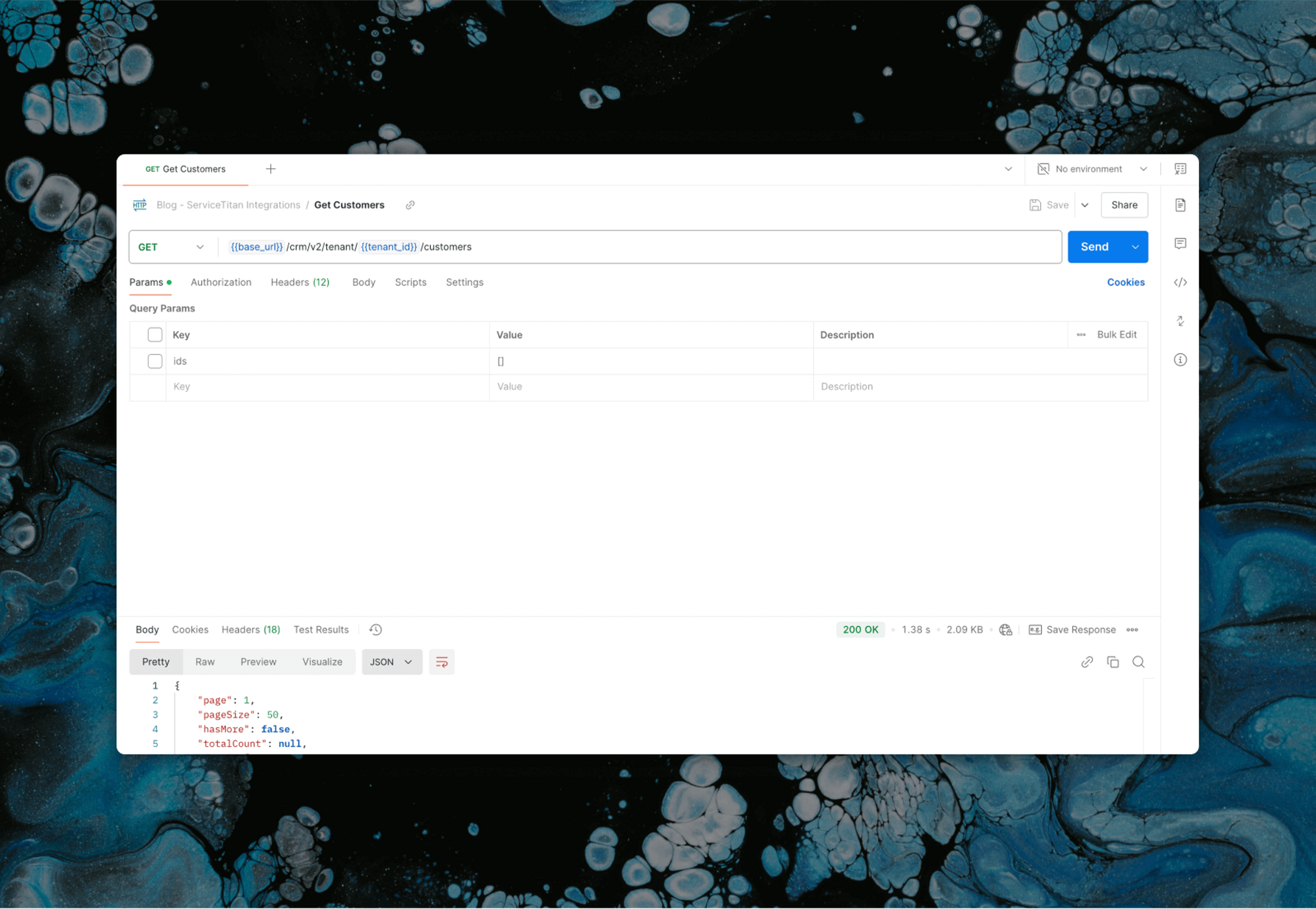 Postman request and response for customers on the ServiceTitan API