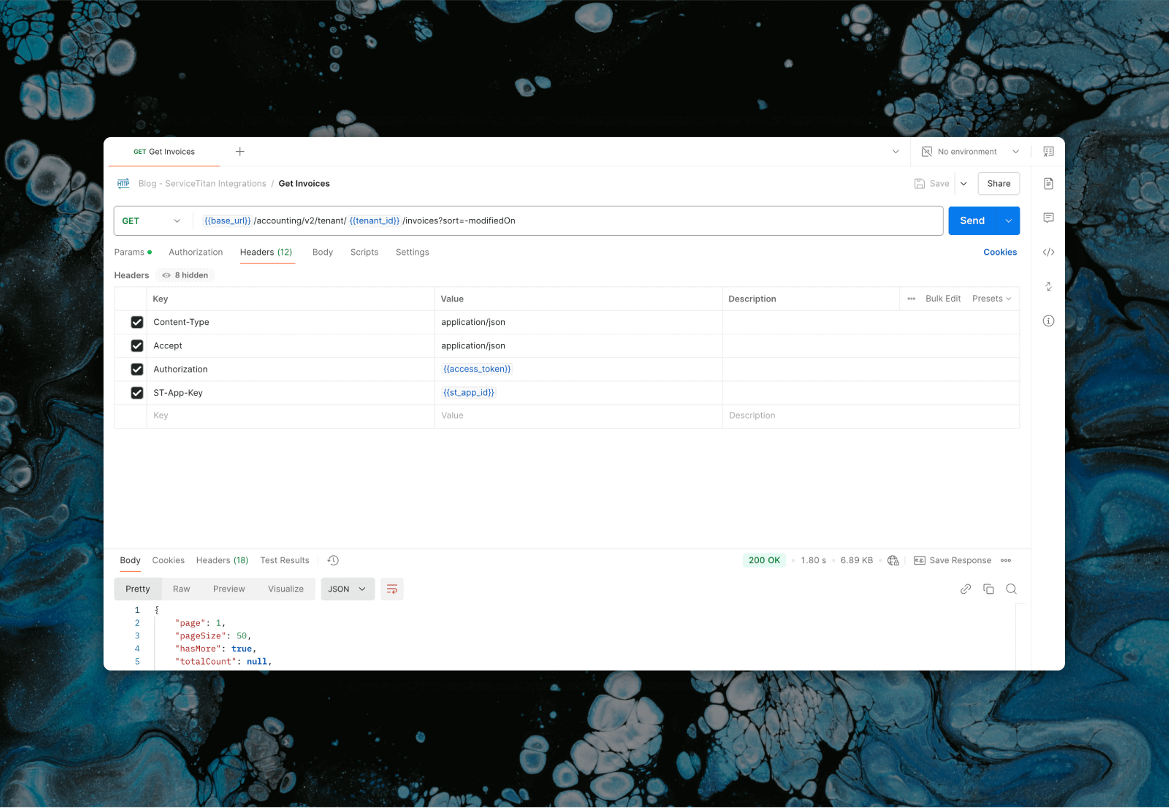 Postman request and response for invoices on the ServiceTitan API